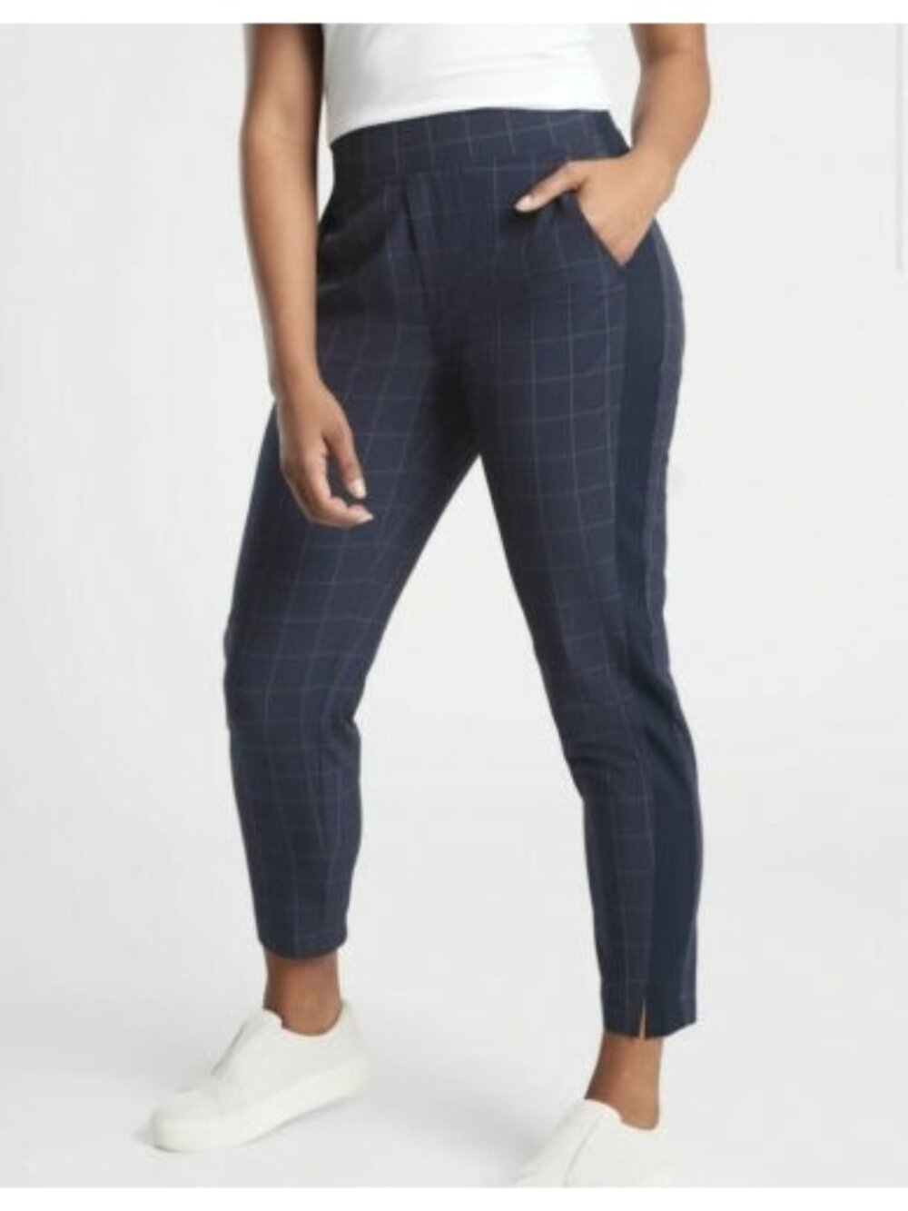 Athleta Navy Blue Window Pane Check Brooklyn Textured Ankle Pant, Size 2T